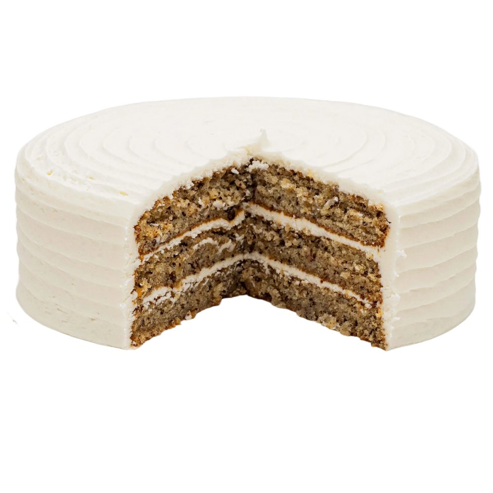 Frost Bake Shop from-scratch banana layer cake with chopped walnuts and butter cream cheese vanilla frosting