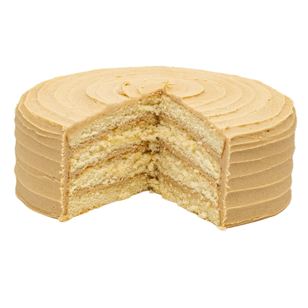 Frost Bake Shop from-scratch caramel layer cake with smooth buttery caramel frosting