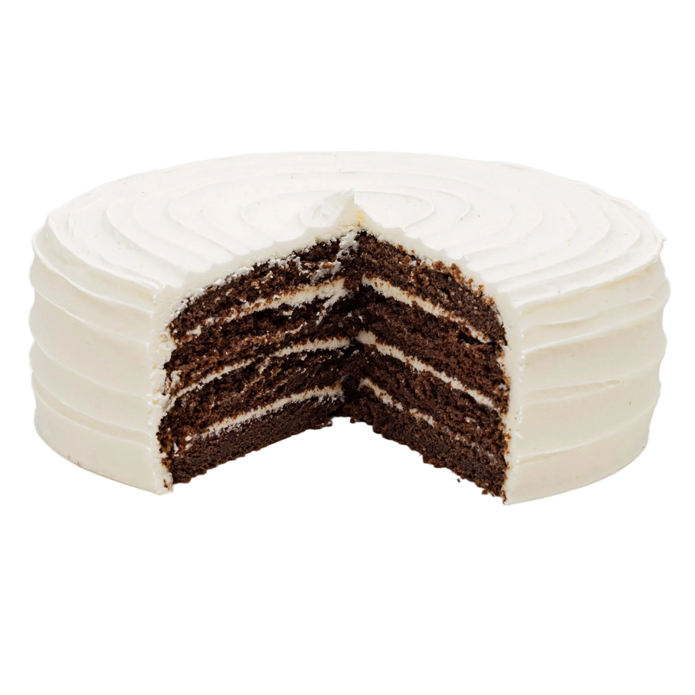 Frost Bake Shop from-scratch Dutch chocolate layer cake with butter cream cheese vanilla frosting