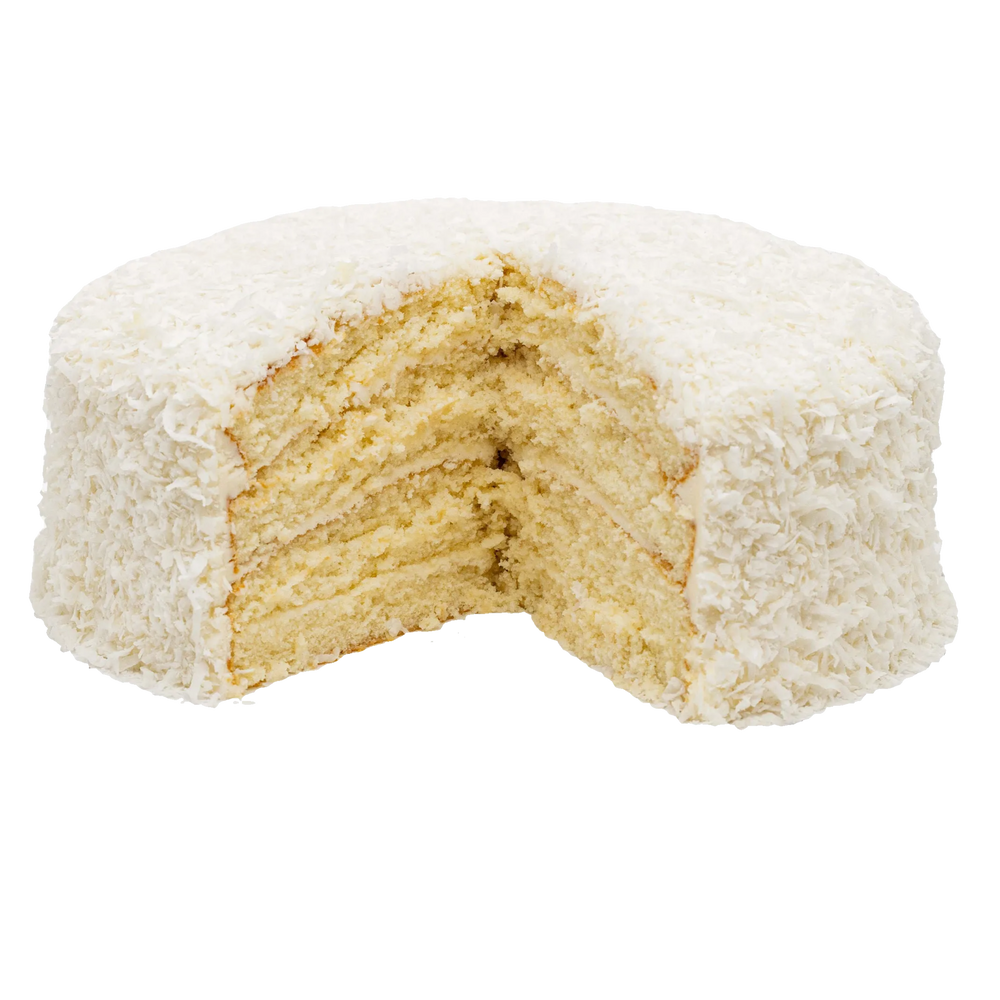 Frost Bake Shop from-scratch coconut layer cake with Angel Flake coconut and vanilla frosting